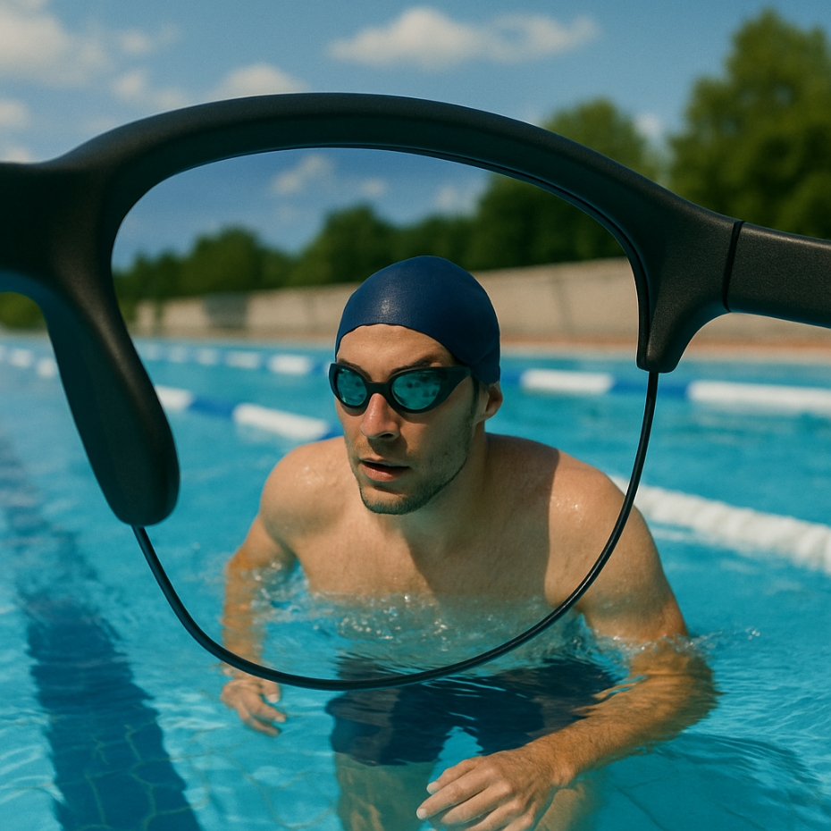 Blick durch Sportbrillenglas: Mann beim Schwimmen.